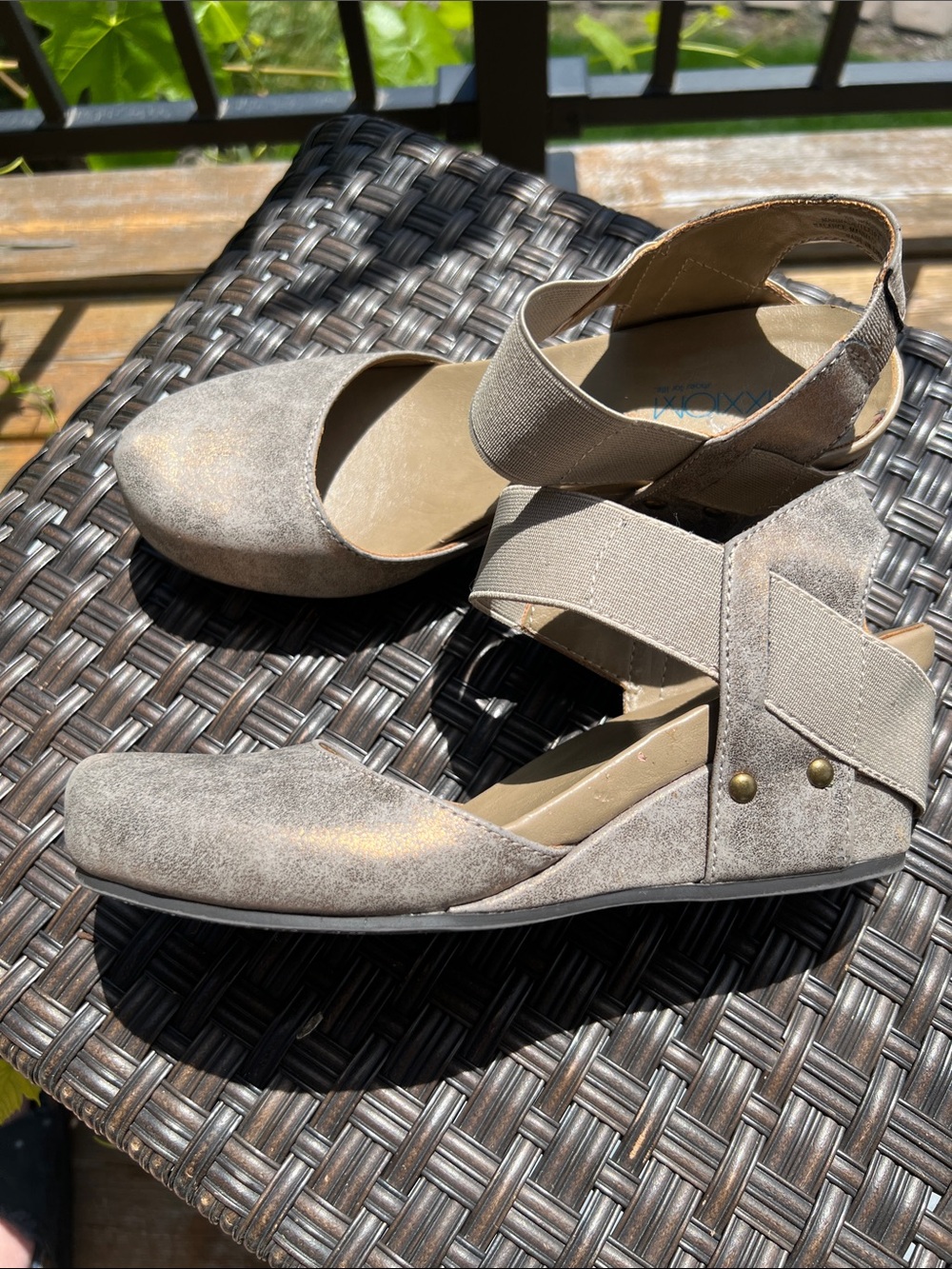 Women's Metallic Champagne Wedge Mary Jane with Elastic Ankle Strap